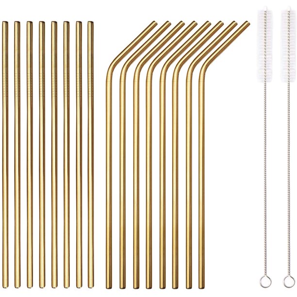ReaNea Gold 18 Piece Stainless Steel Straw Set, 8.5" Reusable Metal