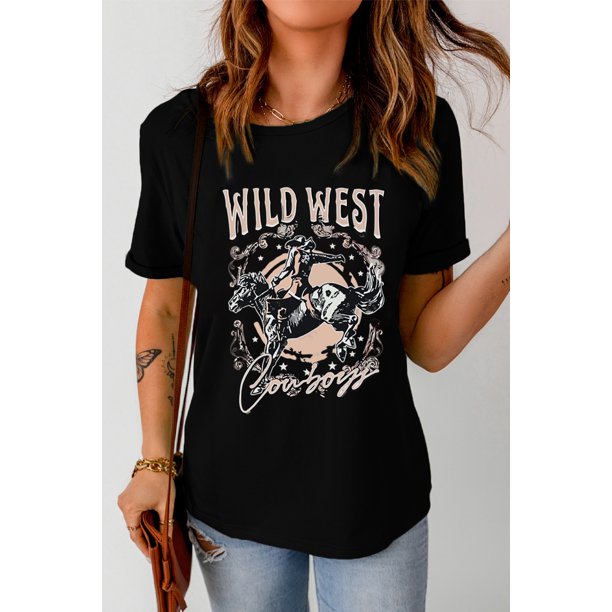 ABPHQTO Camiseta negra con cuello redondo y estampado gráfico de WILD WEST Cowboys para mujer