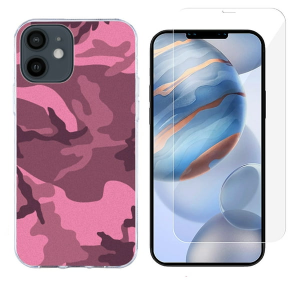 Slim-Fit Protective Phone Case compatible with iPhone 12 Mini, with Tempered Glass Screen Protector, by OneToughShield ® - Camo Pink