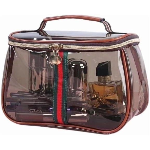 Clear Makeup Bag with Handle, Large Capacity Waterproof Cosmetic Organizer with Zipper, Travel Toiletry Bag for Skincare & Beauty Storage (Coffee)