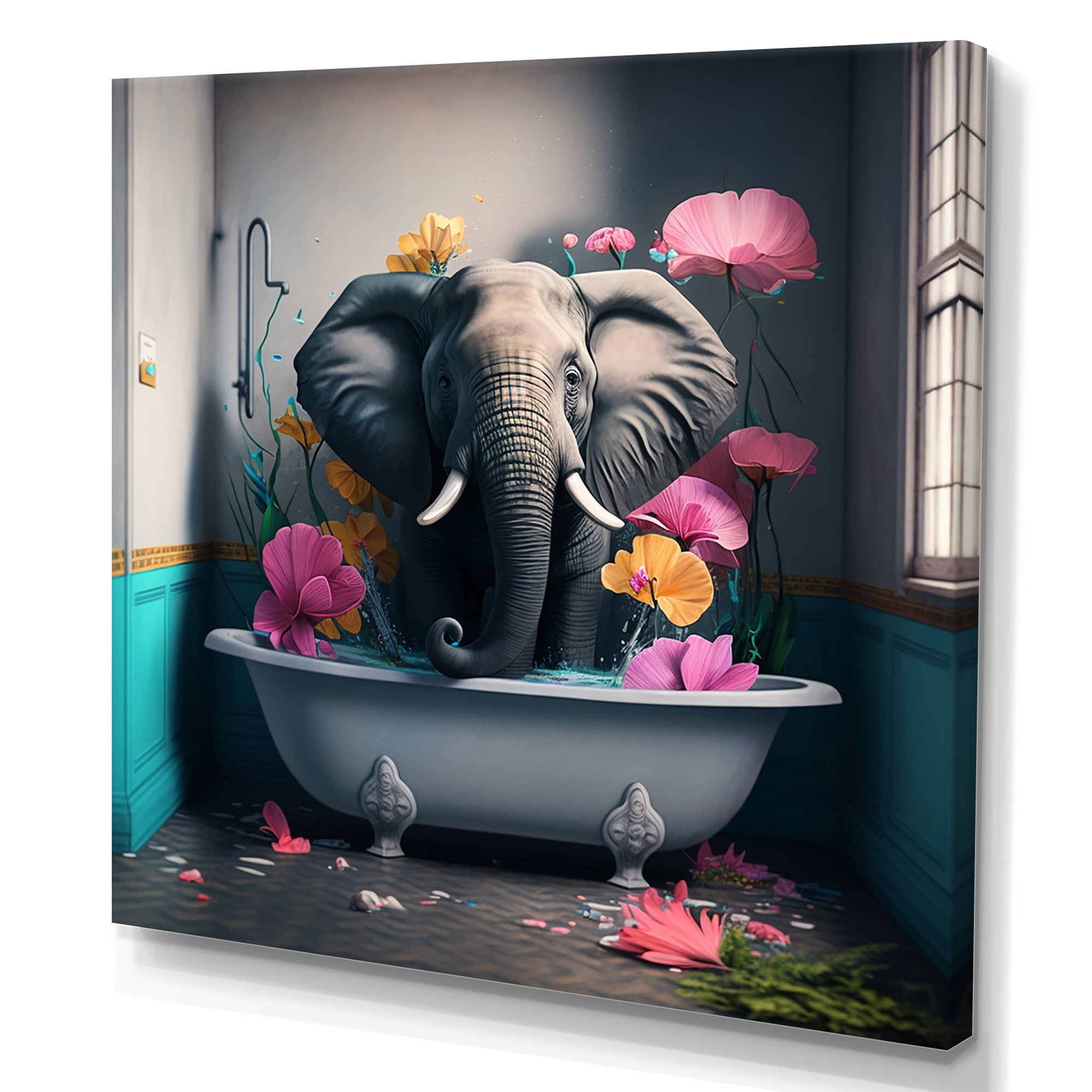 Designart Elephant In The Bath Canvas Wall Art