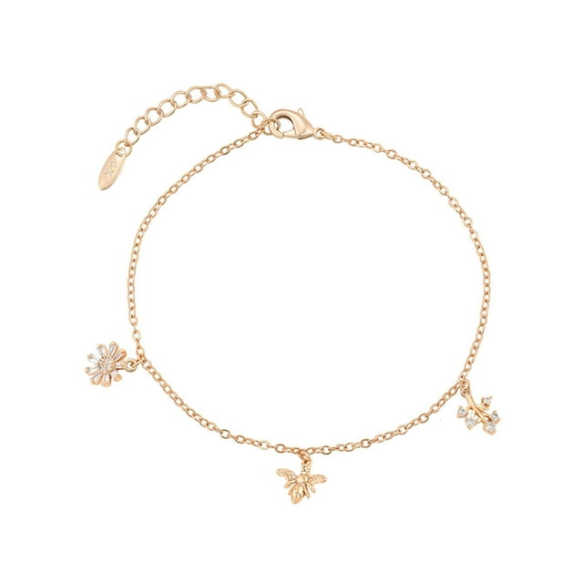Pulsera Dama Dijes Abeja, Flor, Hoja Swarovski Oro 18K Lam dorado Unitalla