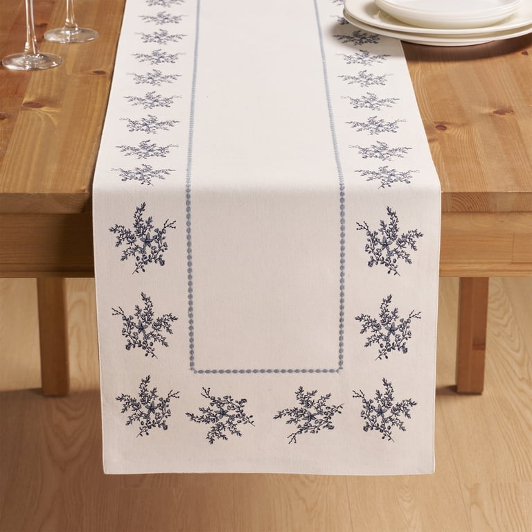 Floral Cotton Reversible Table Runner, Blue and White, 14