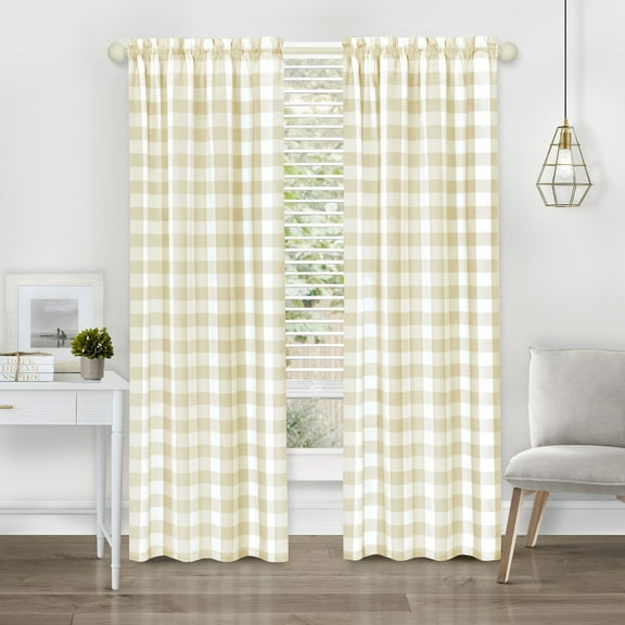 HomeStock Lakeside Living Rod Pocket Window Curtain Panel - 42" W x 84" H, Tan Modern Farmhouse Check Panel, Light Filtering and Machine Washable