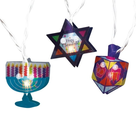 Plastic Dreidel - Set of 10 Menorah, Star of David and Dreidel Hanukkah Hologram Novelty Lights -White Wire