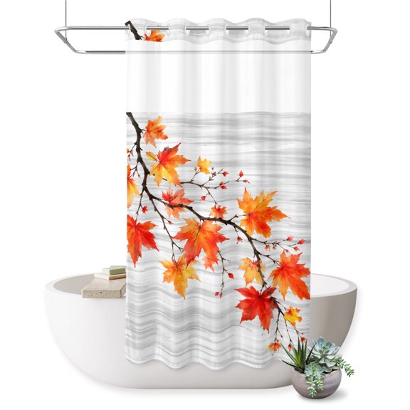 No Hook Shower Curtain, Fall Maple Leaves Shower Curtains for Bathroom with See Through Top Window, Vintage Rustic Botanical Wooden Gray Waterproof & Washable Bath Curtain Stand Up Stall 36"x72"