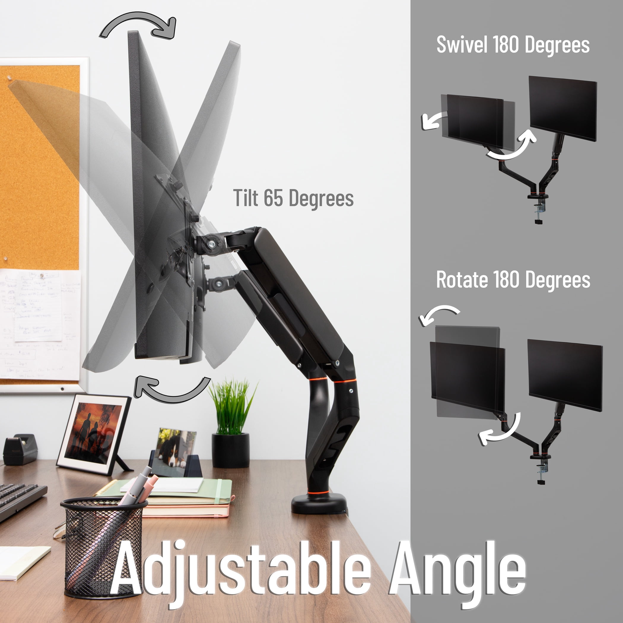 Mind Reader Dual Monitor Gas Spring Desk Mount, Counter-Balance Arm for 13"–32" Monitors, VESA 75x75 / 100x100, ±180° Rotation, ±65° Tilt, ±180° Swivel, 19.8 lb Capacity Each, Black