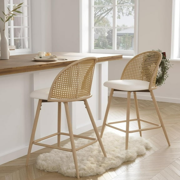 AODAILIHB 26'' Swivel Bar Stools Set of 2, Upholstered Counter Height Bar Stools with Rattan Backrest and Metal Legs, Faux Leather Bar Stools for Kitchen Island, Dining Room, White