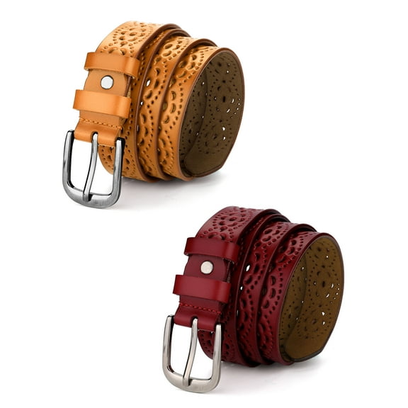 INSPIRE CHIC Unisex Retro Floral Hollow Belts Pin Buckle Faux Leather Belts for Jeans Pants Brown & Red 120cm/47.24"
