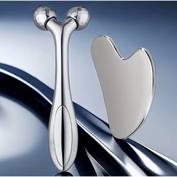 2pcs Stainless Steel Facial Roller Massager Set Dual-Ended Heart & Ball Design with Gua Sha Board for Face Neck and Body Massage