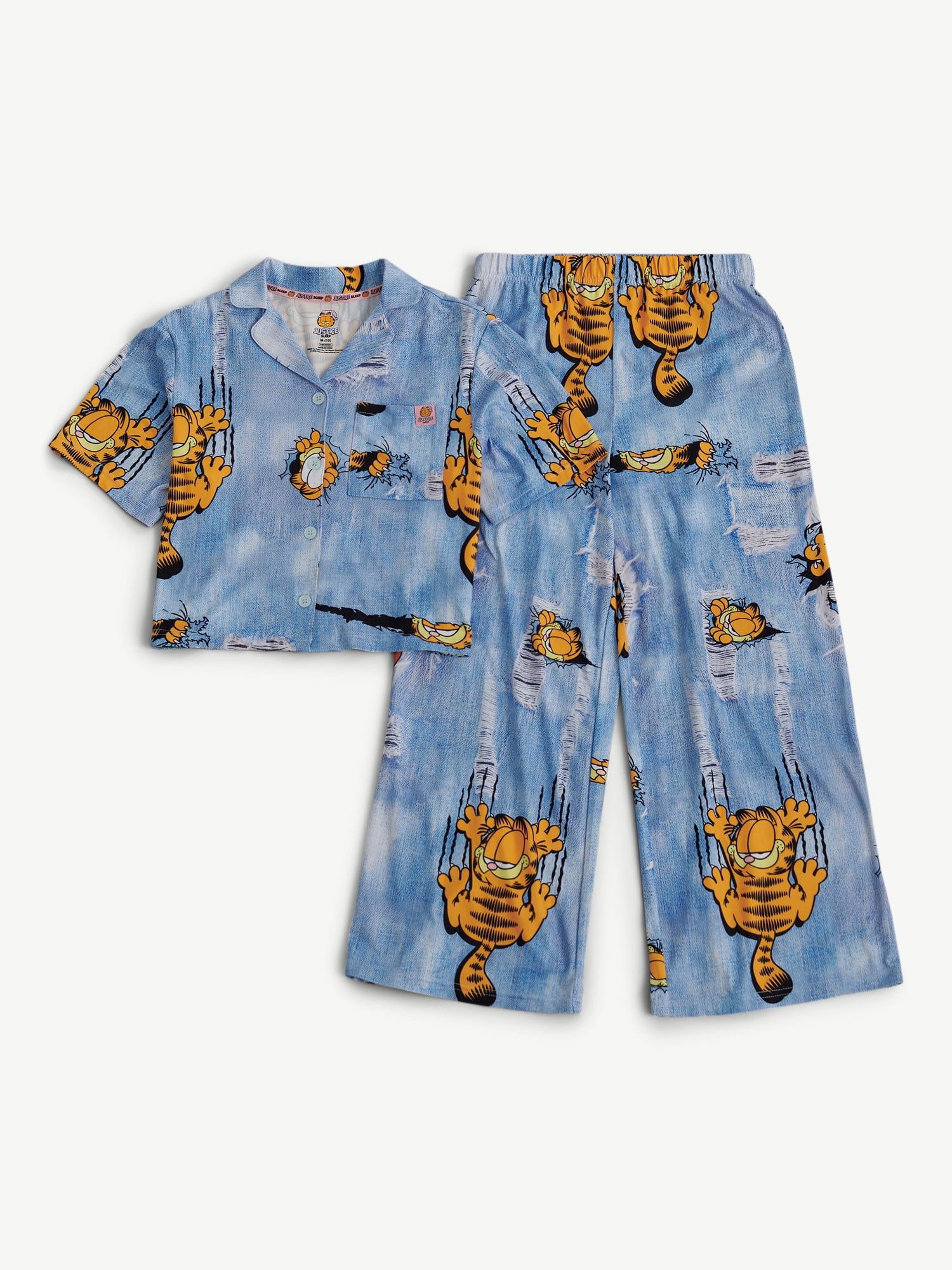 Justice Girls Short Sleeve Button Top with Pant Pajama 2-Piece Set, Sizes 5 to 18
