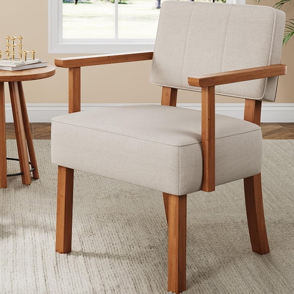 Mid-Century Accent Chair with Wood Frame. Linen Fabric Upholstered Lounge Armchair with Classic Vertical Stripe. Reading Leisure Chair for Living Room, Bedroom, Balcony, Beige