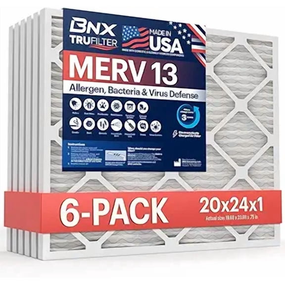 BNX TruFilter 20x24x1 Air Filter MERV 13 (6-Pack) - MADE IN USA - Electrostatic Pleated Air Conditioner HVAC AC Furnace Filters for Allergies, Pollen, Mold, Bacteria, Smoke, Allergen, MPR 1900 FPR 10