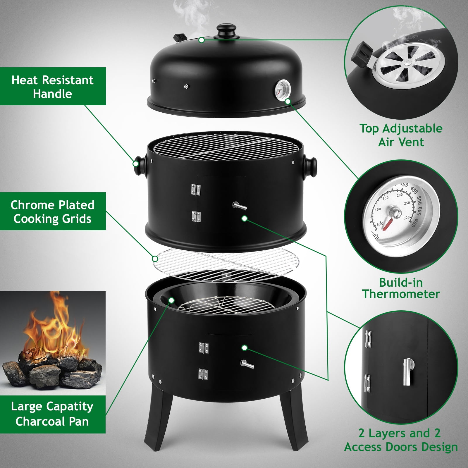 Seizeen 16" Smoker Outdoor 3-in-1 Charcoal Grill, Portable BBQ Grill Fire Pit Combo Double-layer  Design