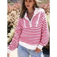 thumbnail image 4 of Women Striped Half Zip Long Sleeve Ribbed Knit Pullover Comfy Casual Light-Weight Tops Fall Fashion Pink S, 4 of 6