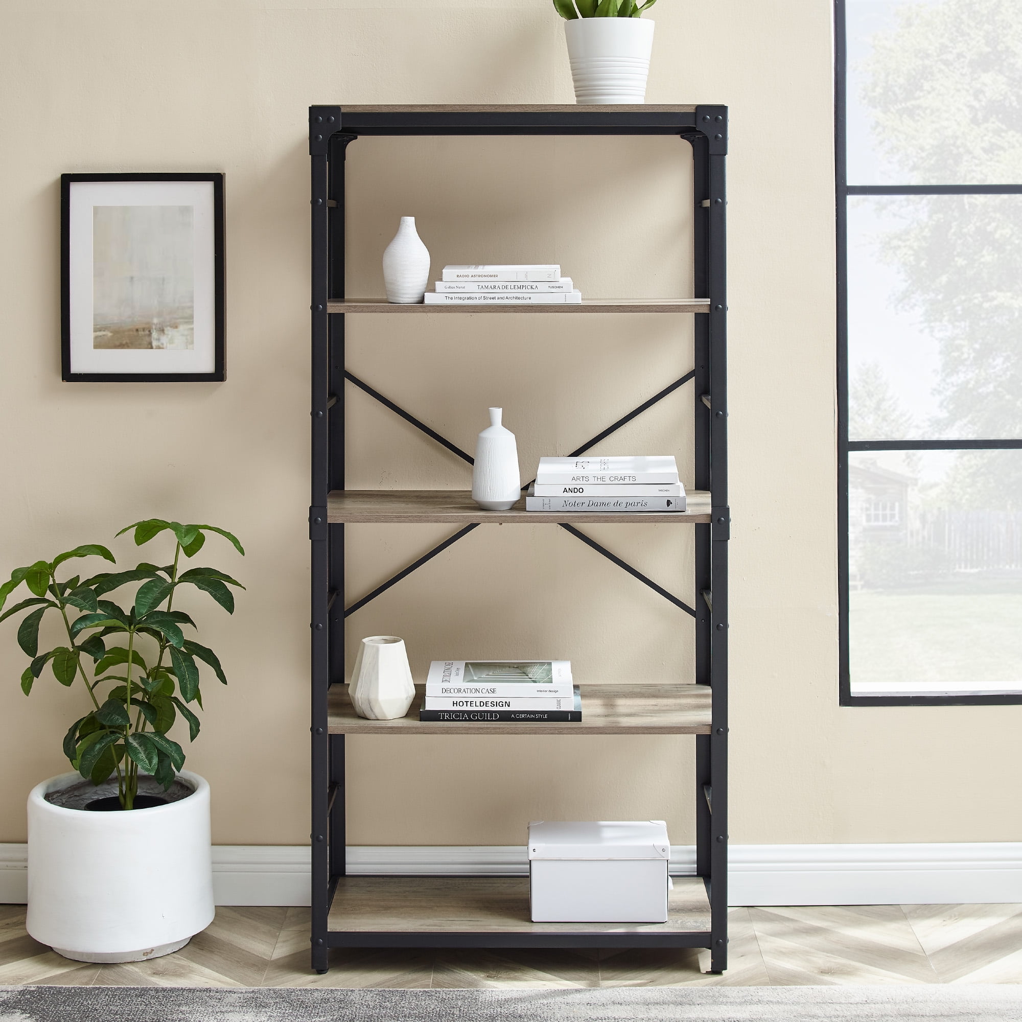 Urban Industrial Angle Iron 4-Shelf Bookcase, Grey Wash