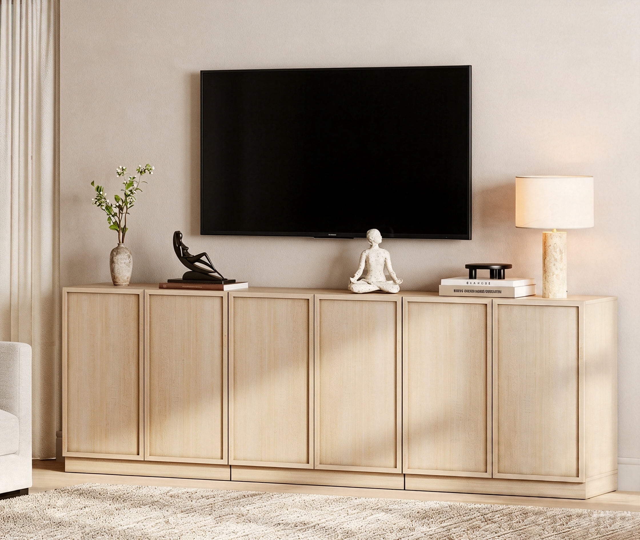 WAMPAT Modern TV Stand for TVs Up to 100", 3-in-1 Entertainment Center TV Console with 6 Doors and Adjustable Shelf, Wooden Media Console Cabinet for Living Room, Bedroom, Beige
