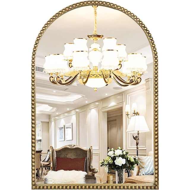 Espejo de pared arqueado para baño, marco de abalorio de metal de 30 x 40 pulgadas, espejo decorativo y moderno para colgar en la pared para baño, recámara, sala de estar, entrada, oro