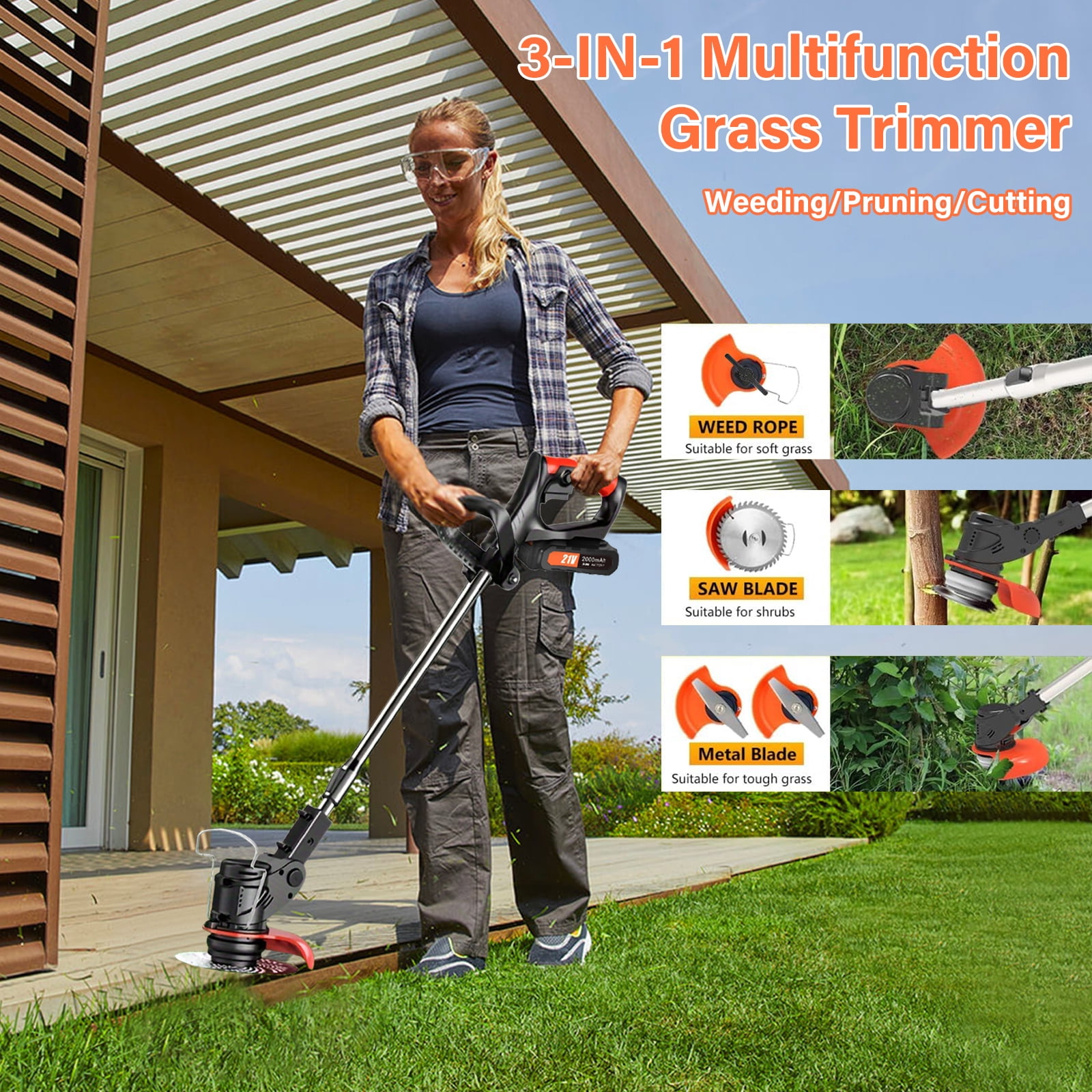 Cordless Lawn Mower, 21v Electric Weed Wacker Brush Cutter Rechargeable Electric Grass Trimmer with 2 Batteries, Handheld Weed Eater for Lawn Garden Pruning Trimming Tool
