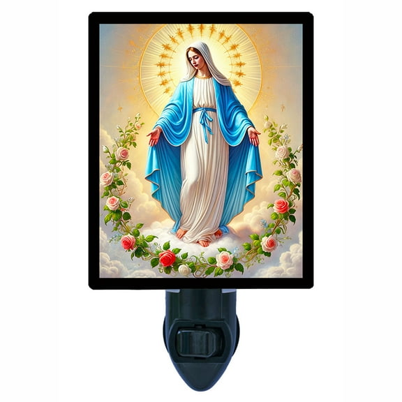 Virgin Mother Night Light – Blessed Mary Surrounded by Roses & Heavenly Light – Free Switchable Insert Included
