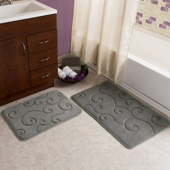 Lavish Home Set of 2 Bathroom Rugs – Non-Slip Memory Foam Bath Mats, Gray