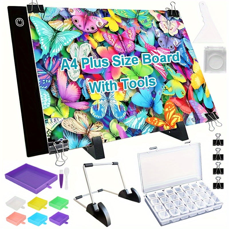 Diamond Painting Tool Kit A4 Dimmable LED Light Pad with 4 Clips Stand Correction Tool 28‑Grid Storage Box Dust Cover Multi‑Compartment Drill Tray for DIY Diamond Art Craft