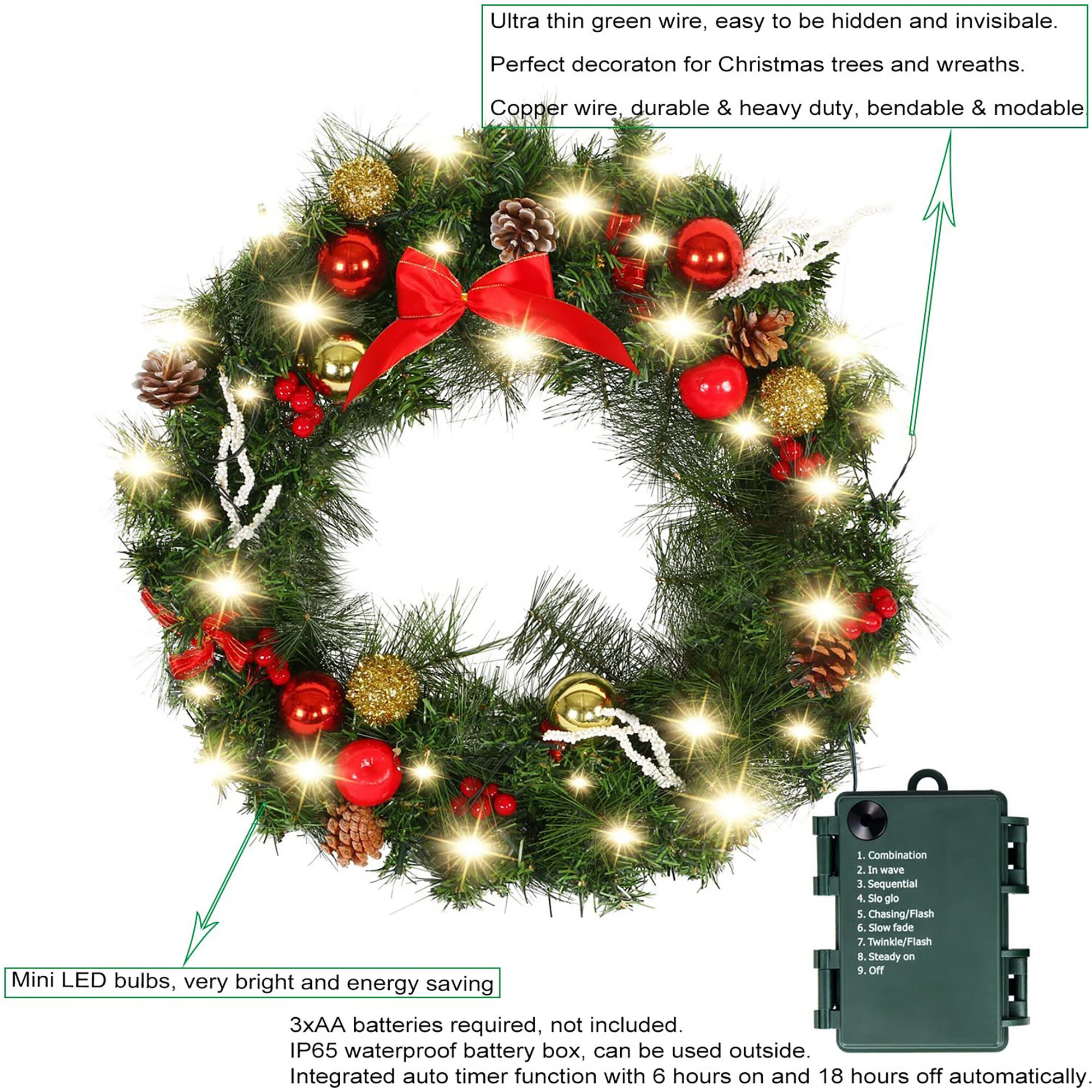 ASENEK Battery Operated String Lights - 33FT 100 LED Starry Lights Christmas Lights for Christmas Tree Wreath DIY Wedding, Warm White, 4 Pack
