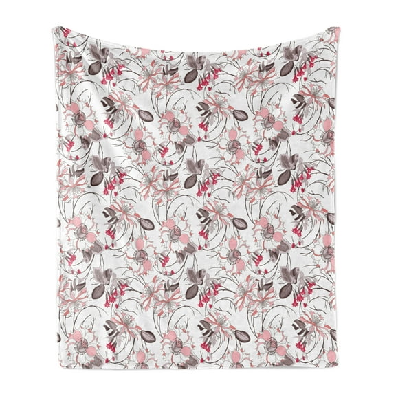 Vintage Soft Flannel Fleece Throw Blanket, Pastel Floral Blossom Petals Romantic Flourishing, Cozy Plush for Indoor and Outdoor Use, 60" x 80", Pale Pink Warm Taupe, by Ambesonne
