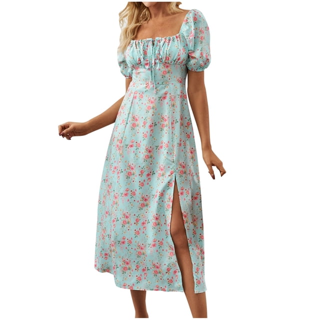 asddcavvf Robes pour Femmes Été Imprimé Floral Ajusté Col Carré Ourlet Fendu Léger