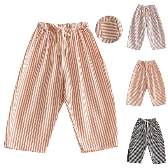 Crunowin Cotton Stripe Pants For Boys And Girls Summer Casual Style Elastic Waist With Side Pockets Lightweight Wide-Leg Pants Orange Size 3 Years