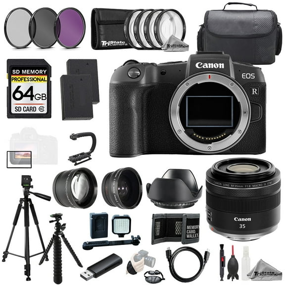Canon EOS RP Camera   RF 35mm f/1.8 Macro IS STM Lens 64GB Ext Bat 9 PC Filter-MEGA Kit (International Version)