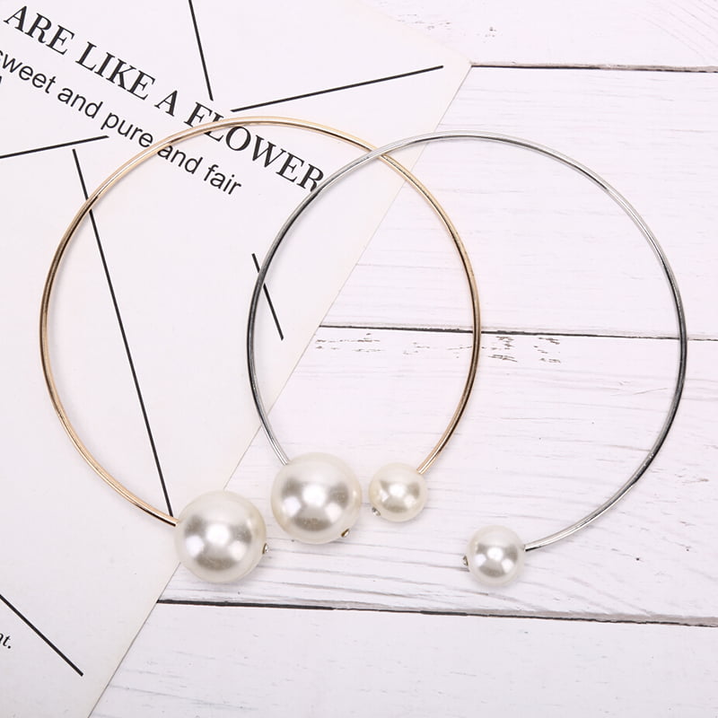 Double Simulated Pearl Open Choker Necklace Circle Round Cuff Statement JewelrHC