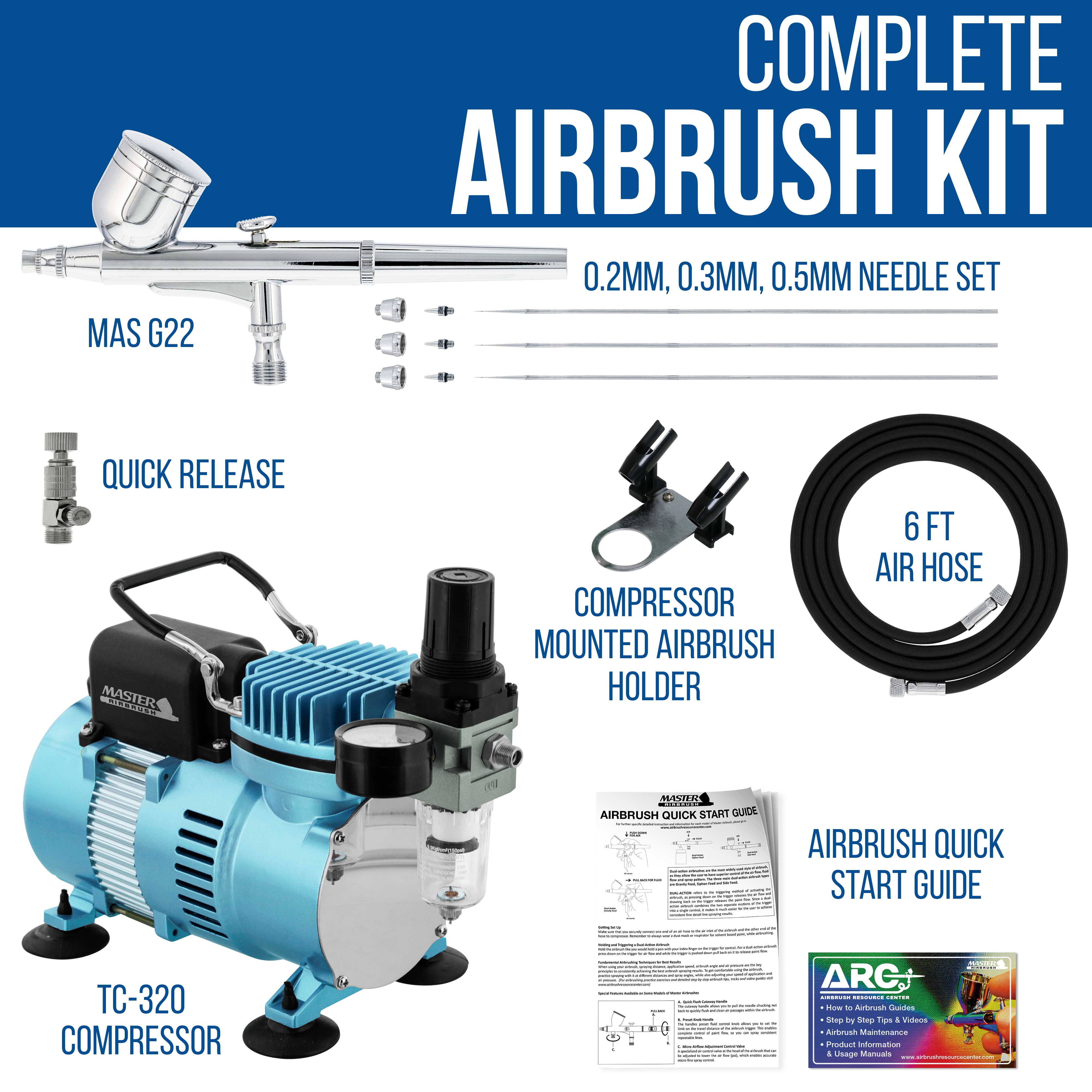 Master Airbrush Cool Runner II Dual Fan Air Compressor Airbrushing System Kit with 3 Professional Airbrush Sets, 0.2, 0.3 mm Gravity & 0.8 mm Siphon
