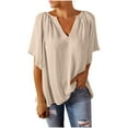 thumbnail image 2 of Jacenvly 2024 new plus size womens clothes Loose Fashion Women's Summer Short Sleeve Solid Casual T-shirt Blouse breathable Ruffle Trim Flouncev neck t shirts t-shirts womens summer Beige, 2 of 9