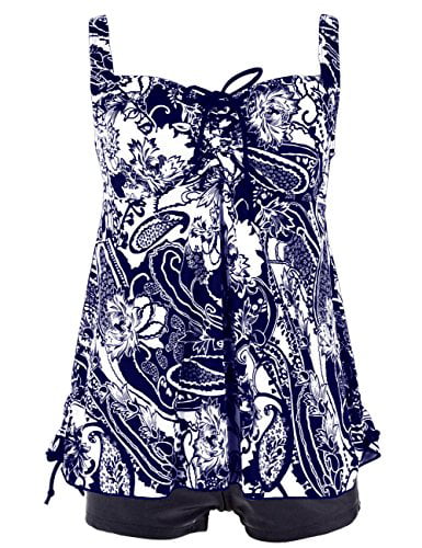 Hilor Women's Retro Plus Size Floral Pin UP Ruched Skirted Tankini Swimsuit