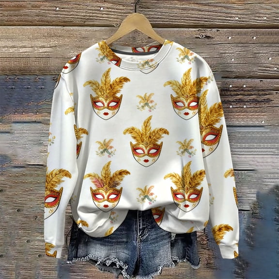 Fznquz Ladies Tops and Blouses Crewneck Mardi Gras Carnival Tees Mask Graphic Pullover Long Sleeve Fashion Clothing,S