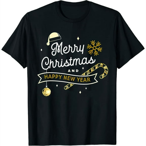 Merry Christmas And Happy New Year Cute Women's Short Sleeve T-Shirt with Graphics - Perfect Gift for Christmas or New Year Parties Black Small