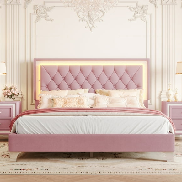Noble house Queen Size Upholstered Bed Frame with LED Lights,Pink