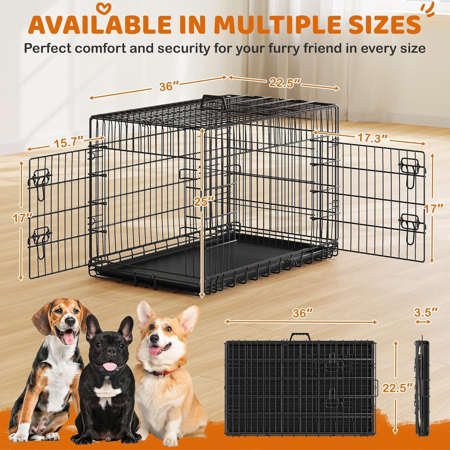 MorandiMal 36 inch Double Door Dog Crate w/Divider for Puppy, Collapsible Metal Dog Kennel with Removable Tray, Portable Travel Cage, Black