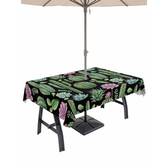 Outdoor Tablecloth with Umbrella Hole for Patio/Picnic/Party/Camping, Cactus Summer Waterproof Table Cloth Rectangle Table Cover Washable, Watercolor Tropical Botanical Black (60"x 84")