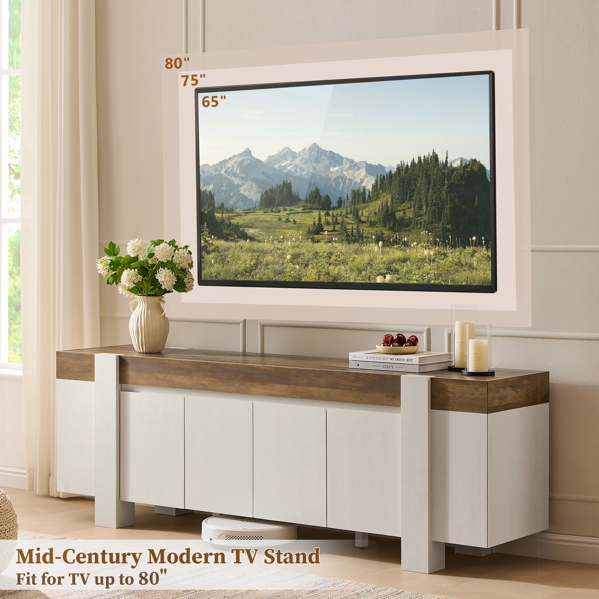 KeyWhat TV Stand for TVs Up to 80", Modern Farmhouse Entertainment Center with Storage Cabinet, Media Console Table for Living Room, Antique White