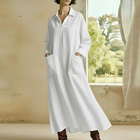 Women's Loose Maxi Dress Lapel V Neck Long Sleeve Kaftan Dress with Pockets Casual Cotton Linen Style Oversized Long Gown Flowy Relaxed Fit For Daily House Wear