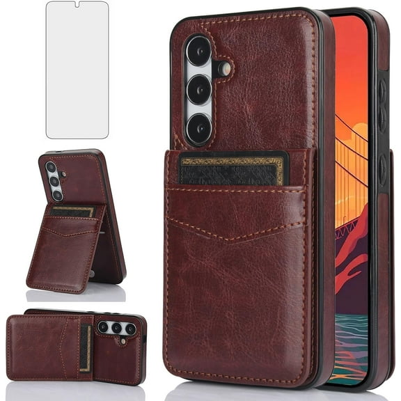 REQO Phone Case for Samsung Galaxy S24 5G with Tempered Glass Screen Protector Credit Card Holder Wallet Cover Stand Leather Cell Accessories Glaxay S 24 24S GS24 G5 2024, 6.2 inch Women Men Brown