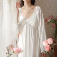 thumbnail image 3 of Women's Cotton Victorian Nightgown Princess Ruched V Neck Pj Shirt Soft Comfy Billowy Lightweight Old Fashion with Padded Bra Long Sleep Dress Long Sleeve White Large, 3 of 4