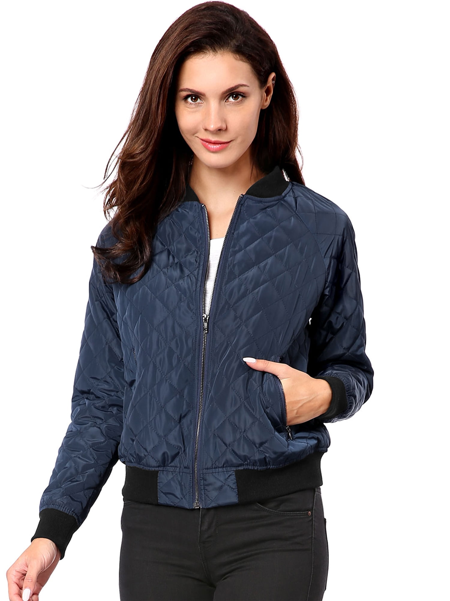 Unique Bargains Allegra K Women's Quilted Zip Up Raglan Sleeves