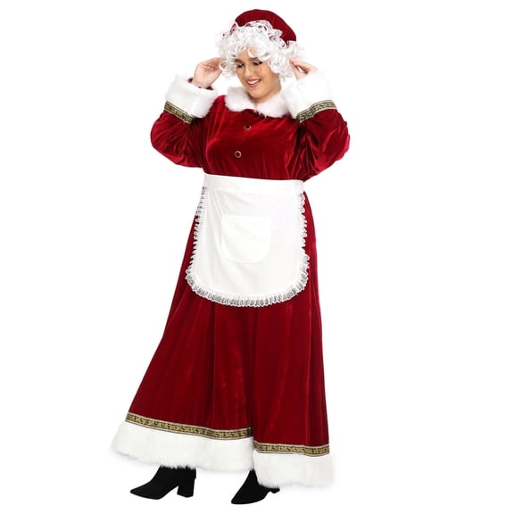 Mrs. Claus Costume for Women Plus Size Outfit Chirstmas Adult Santa Dress with Apron Wig and Glasses for Cosplay Party -M