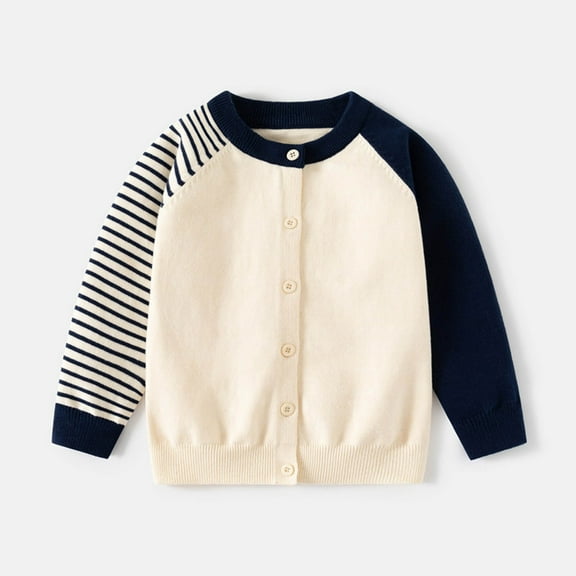 HAOTAGS Toddler Boys Knitted Sweater, Double-layer Thread Striped Round Neck Casual Warm Cardigan Beige 5 T