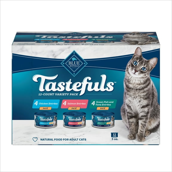 Blue Buffalo Tastefuls Natural Pate Wet Cat Food Variety Pack, Salmon, Chicken, Ocean Fish & Tuna Entrées 3-oz Cans (12 Count - 4 of Each Flavor)