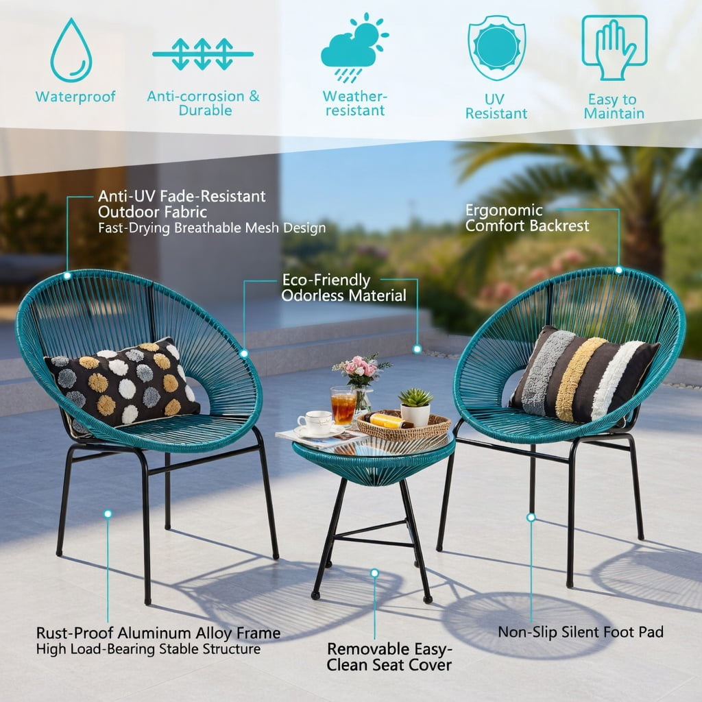 Hommoo 3-Piece Acapulco Patio Bistro Set, Plastic Rope Chairs + Tempered Glass Table for Outdoor Dining, Poolside & Garden, Turquoise