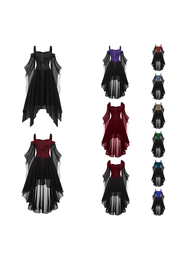 Goth Dress for Women Bell Sleeve Lace Up Steampunk Dresses Cold Shoulder Halloween Outfits High Low Medieval Clothes